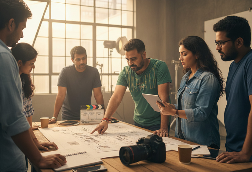 Filmopixel production team discussing flexible video production packages and shoot planning